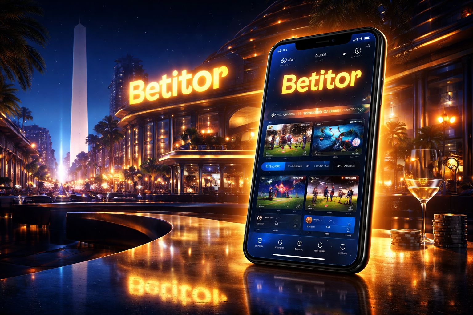 Smartphone mostrando la aplicación móvil Betitor con una interfaz pulida de apuestas y casino para usuarios en Argentina.