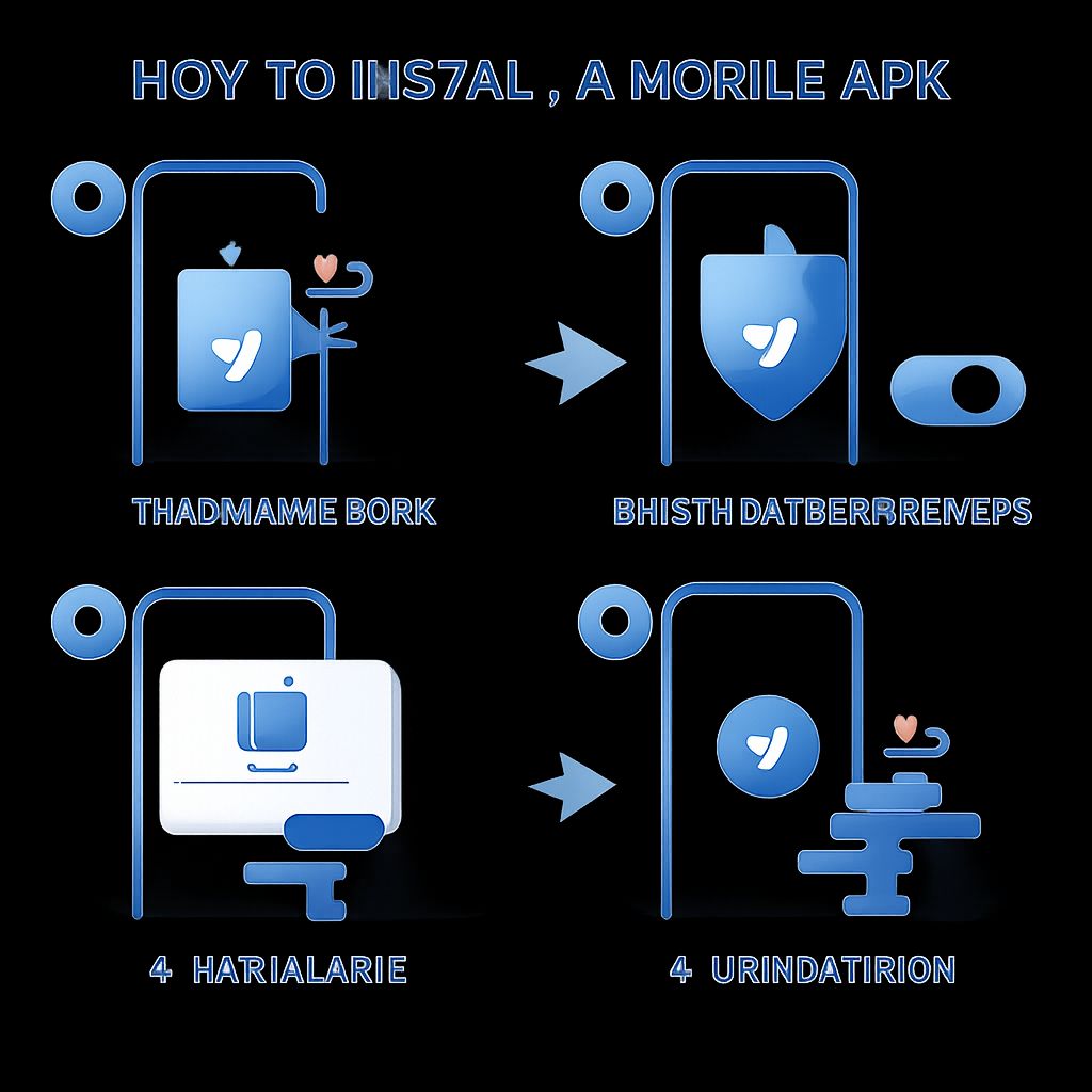Escena ilustrada de instalación móvil para la aplicación Betitor con pasos de descarga y configuración en un smartphone.
