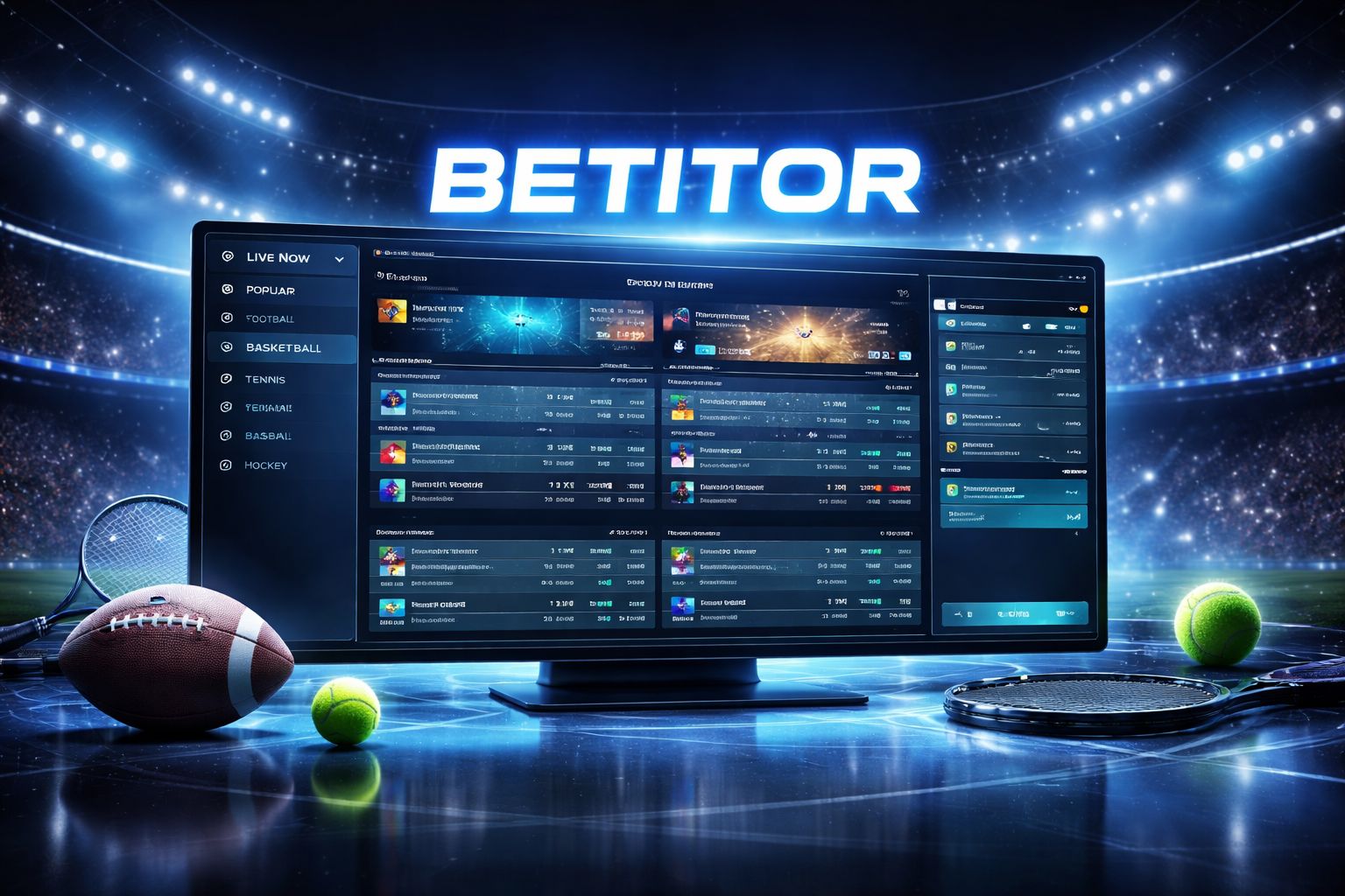 Pantalla de casa de apuestas Betitor con cuotas en vivo de fútbol y tenis contra un fondo dramático inspirado en un estadio.
