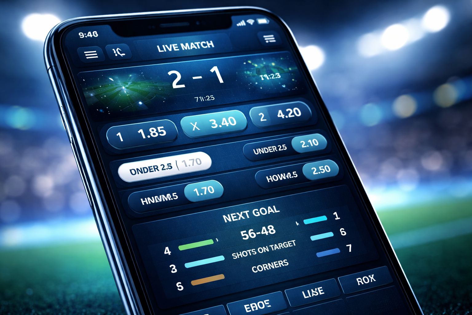 Pantalla móvil de apuestas mostrando cuotas deportivas en vivo y datos de partidos en Betitor.