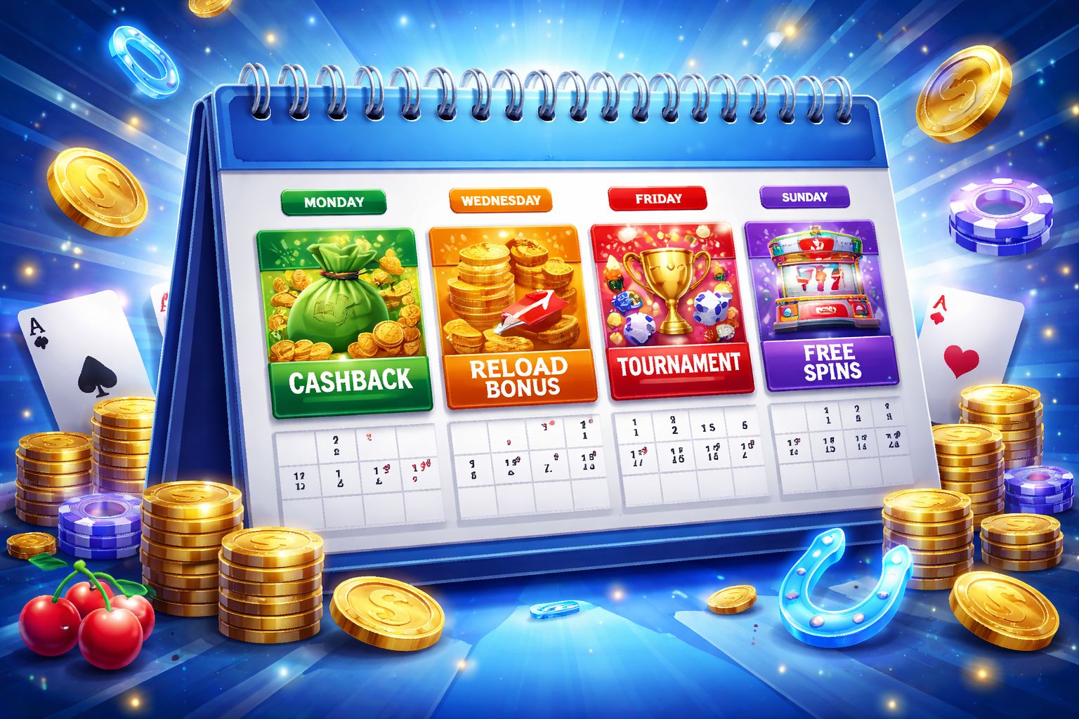 Concepto de calendario promocional para Betitor con días destacados de reembolso, ofertas de recarga y giros gratis para usuarios en Argentina.