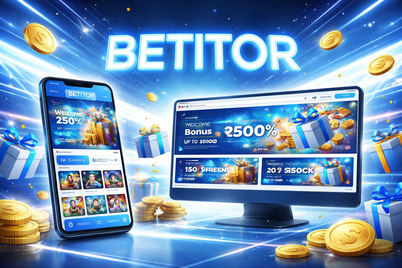 Exhibición dinámica de bonos Betitor con recompensas de bienvenida destacadas, beneficios de reembolso y campañas de giros gratis para jugadores en Argentina.