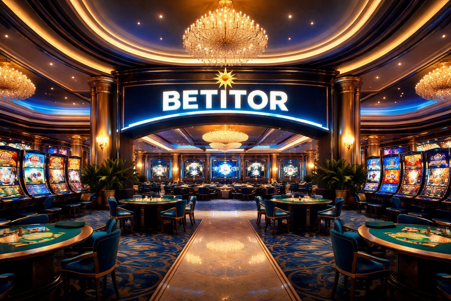 Vestíbulo elegante de Betitor Casino con mesas en vivo y juegos de tragamonedas presentados en un entorno digital premium.