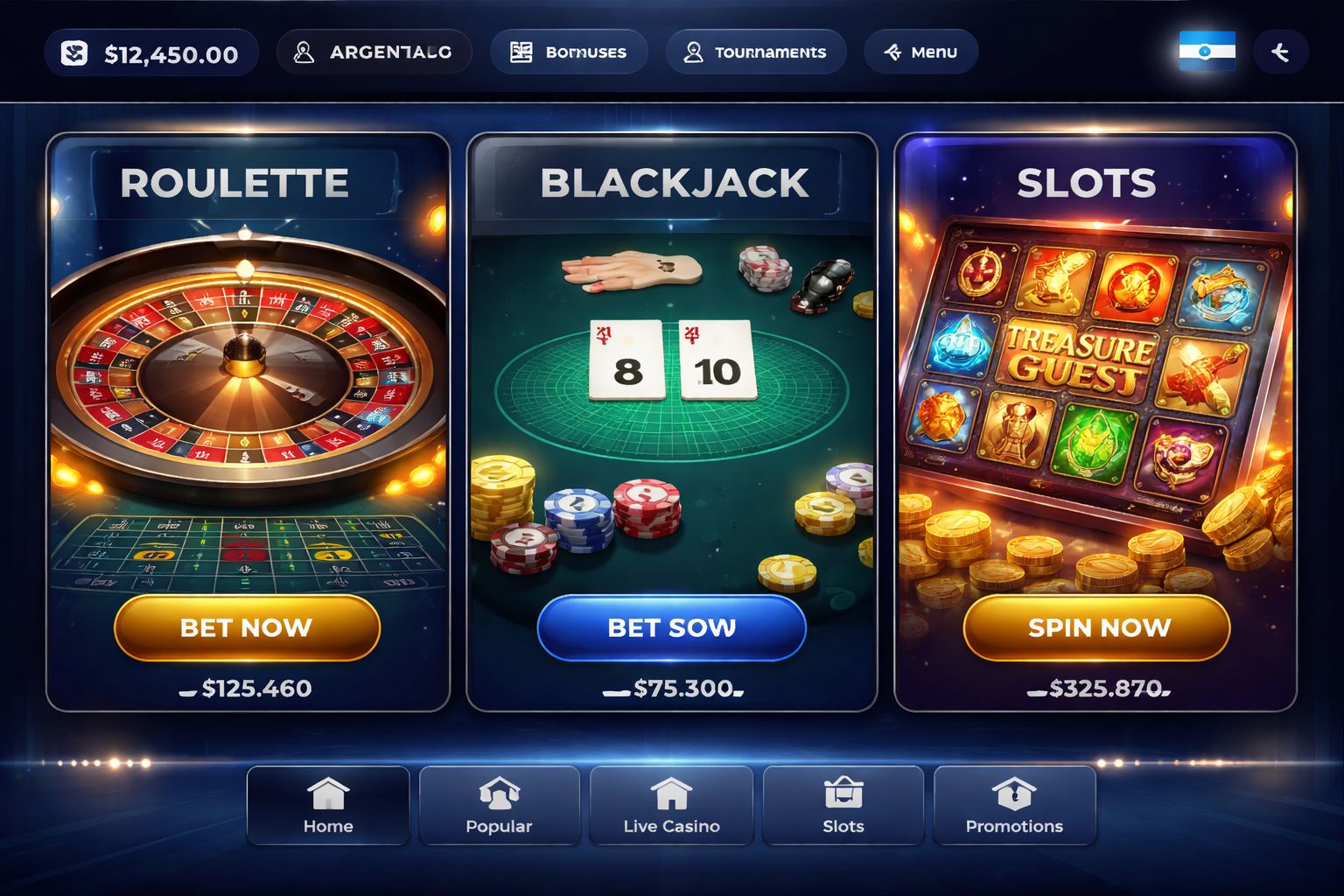 Sesión digital de casino en Betitor mostrando ruleta, tragamonedas y una interfaz fácil de usar para Argentina.