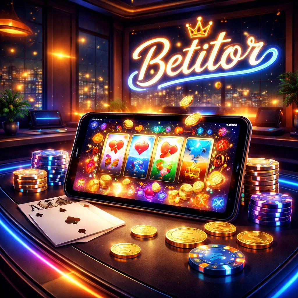 Escena colorida de juegos Betitor con carretes brillantes, cartas y fichas en un entorno digital moderno