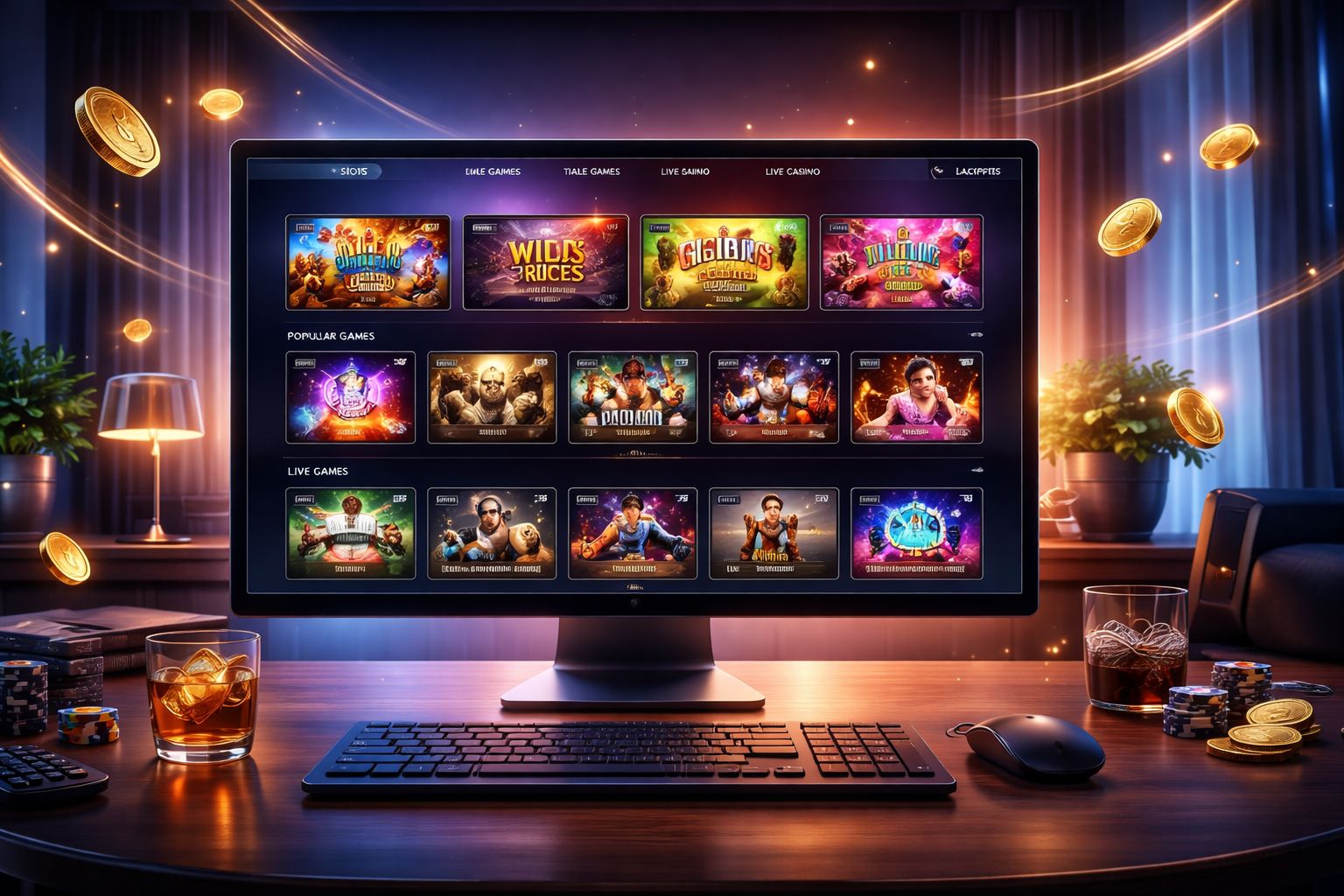 Interfaz Betitor mostrada en pantalla de escritorio con múltiples categorías de juegos y elementos brillantes de casino