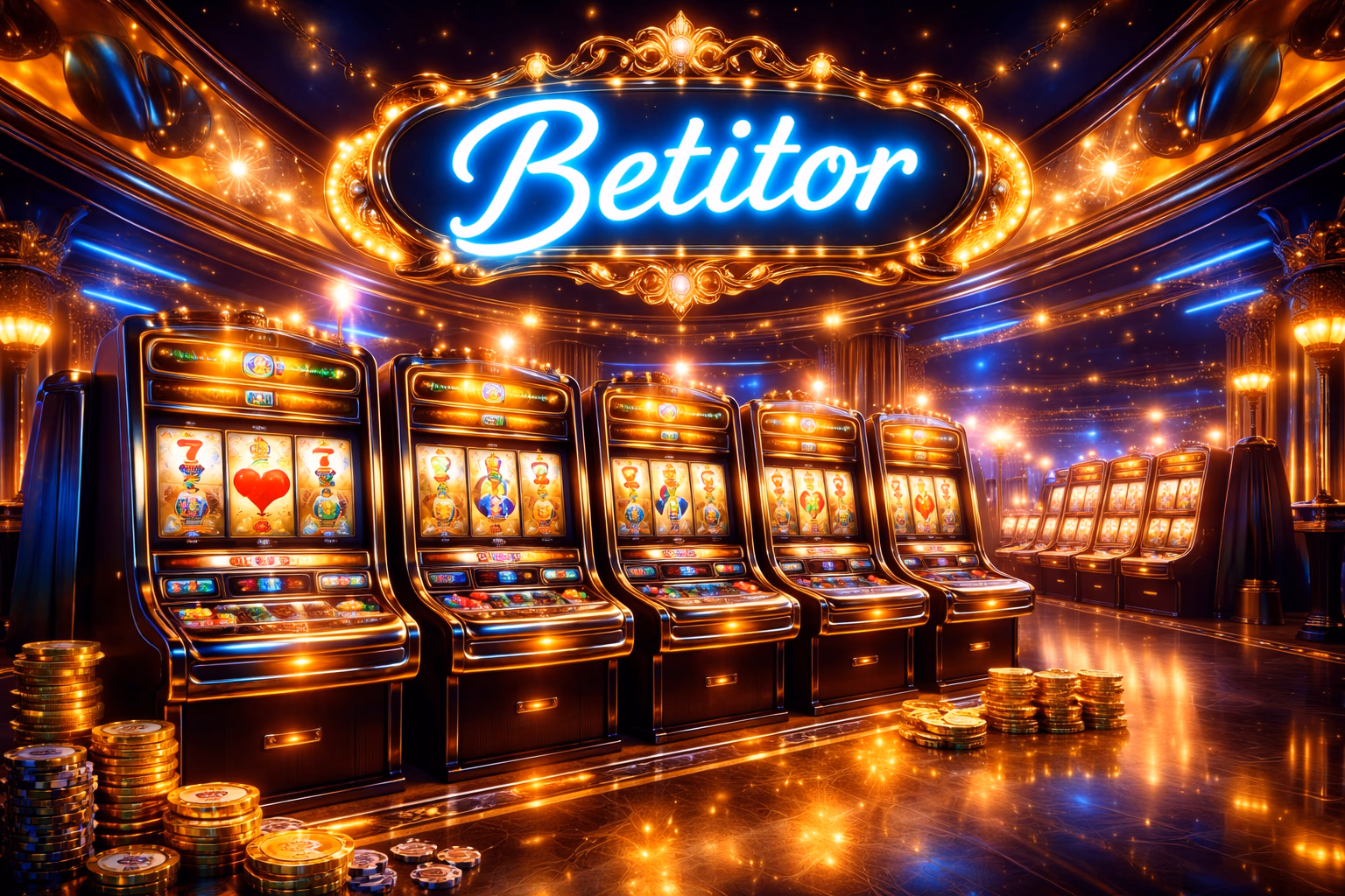 Carretes modernos de tragamonedas con luces brillantes, monedas flotantes y una atmósfera premium de casino.