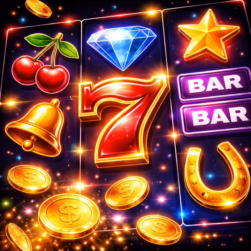 Vista digital de jugador de casino con símbolos animados de tragamonedas y un momento de ganancia celebratoria.