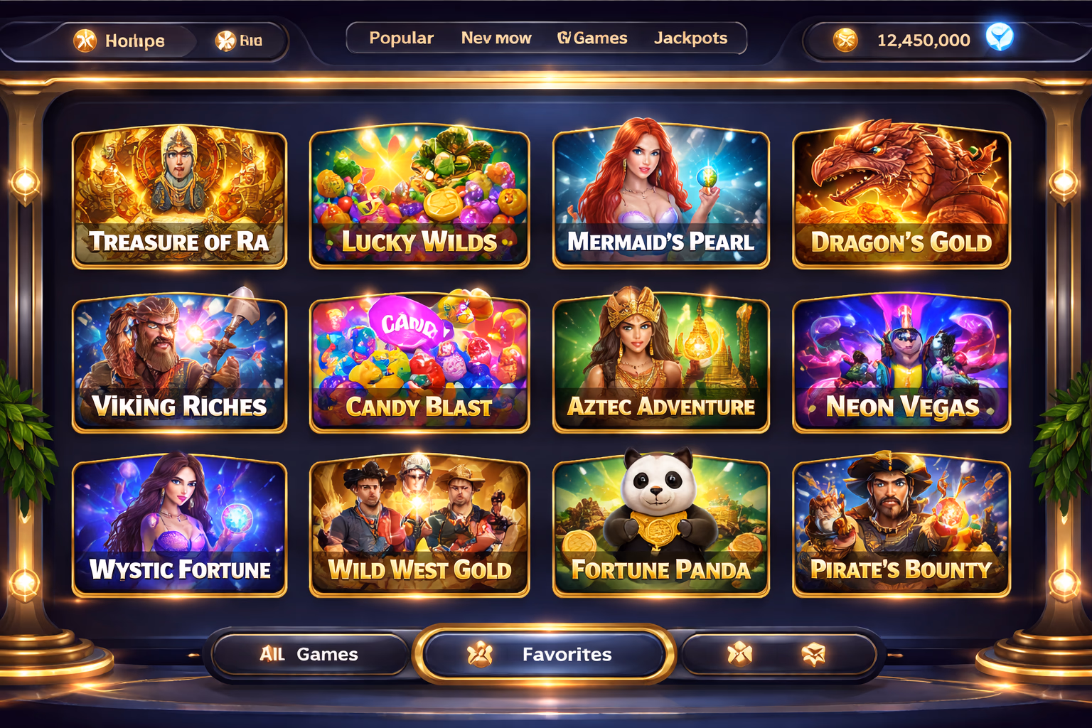 Catálogo curado de tragamonedas en una plataforma moderna de casino con paneles de interfaz elegantes y carretes brillantes.